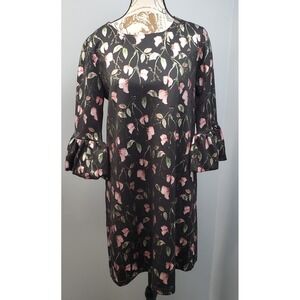 Nina Leonard Shift Dress Women Medium Multi Floral Metallic Bell Sleeve Back Zip